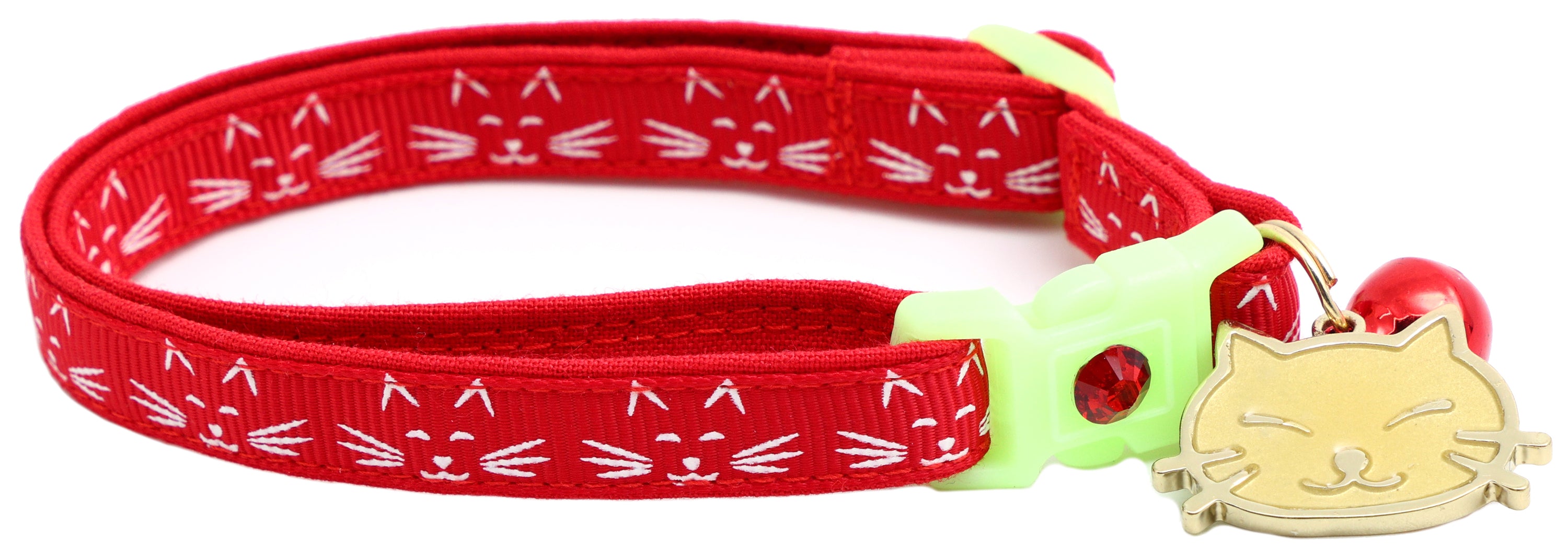 A glowing cat faces breakaway collar made of reinforced cotton, featuring a bell and charm, perfect for nighttime visibility.